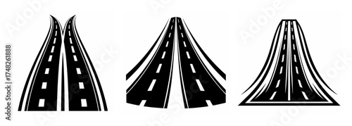 Three different styles of divided highway lanes approaching an intersection view