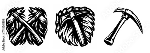Three stylized black and white images of heavy-duty tools including hammers and a pickaxe