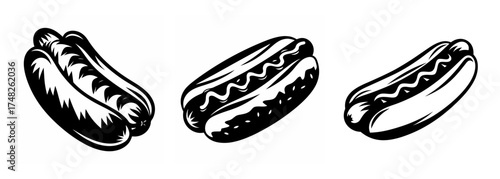 Three delicious hot dogs in buns with condiments artwork