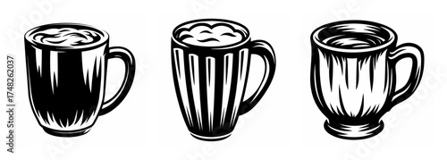 Three stylized mugs filled with frothy hot cocoa presented side by side for a warm beverage theme