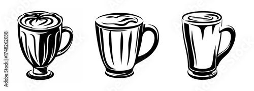 Three stylized hand drawn hot chocolate mugs with swirls and creamy topping displayed side by side