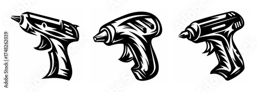 Three handheld hot glue guns depicted in a stylized sketchy drawing art style