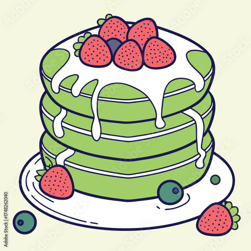 Vector art of stack of green matcha pancakes topped with fresh strawberries and blueberries, drizzled with white cream, isolated on a light yellow background