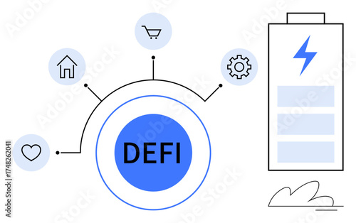 DEFI text inside a blue circle, linked to icons of heart, home, shopping cart, cogwheel, and energy battery. Ideal for finance, technology, innovation sustainability energy connectivity