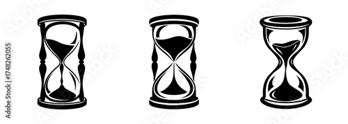 Three vintage hourglasses filled with sand symbolizing time passing running out or measurement