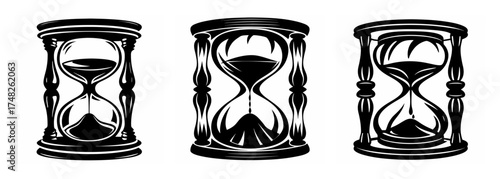 Three detailed hourglasses with sand flowing representing the passage of time concept