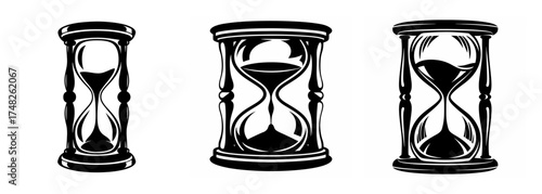 Three detailed hourglass designs with sand flowing representing time passing and its measurement.