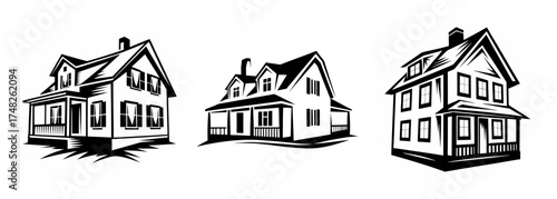 Sketchy hand-drawn black and white houses collection architectural building designs