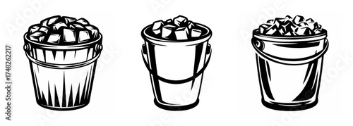 Three detailed hand drawn buckets filled with ice cubes for refreshment and chilling beverages