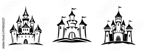 Three distinct fairy tale castle silhouettes featuring towers and flags for magical designs