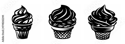 Three swirls of soft serve ice cream in waffle cones for a sweet treat