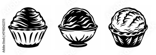 Three sweet ice cream cones and cups delicious dessert treats graphic design