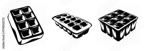 Three different styles of ice cube trays with multiple cubes for freezing liquids