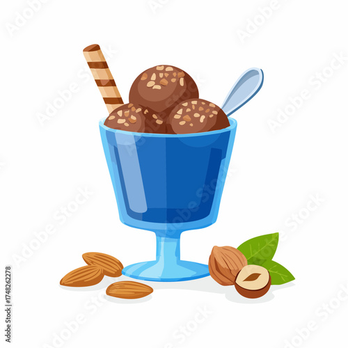 Delicious Chocolate Ice Cream Sundae with Nuts and Wafer Stick Illustration