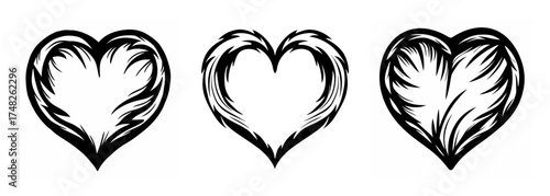 Three textured heart shapes with rough brush strokes romantic design elements