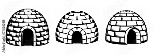 Three inuit igloos made of snow blocks with arched entrances traditional arctic dwellings