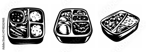 Variety of compartmentalized in-flight meals ready for travel and consumption