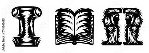 Ornate capital letter i book symbol and two ornamental pillars graphic icons