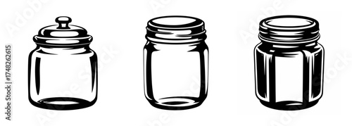 Three sketched glass jars with lids various sizes and styles for storage or display