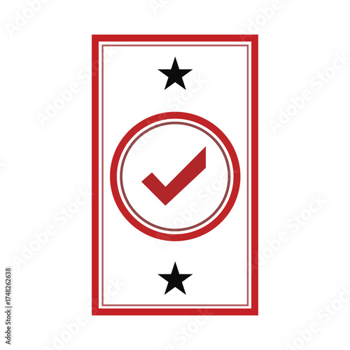 Red checkmark inside circle with stars and red border approve symbol