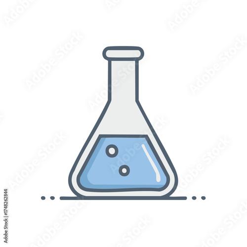 Flat design icon of laboratory flask with blue liquid and bubbles in simple cartoon style.