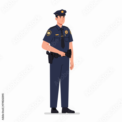 Smiling male police officer in uniform standing, an illustration of a law enforcement and public safety professional, ready to serve and protect with a calm demeanor.