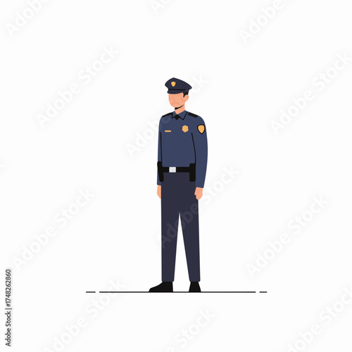 Flat vector illustration of a male police officer in uniform standing, representing law enforcement and public safety.