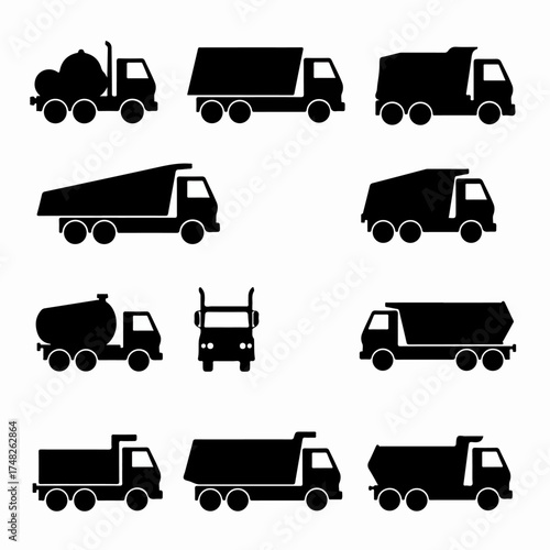 Black silhouette truck icons collection on white background, featuring various commercial and industrial vehicles like dump, tanker, and delivery trucks for transport logistics.