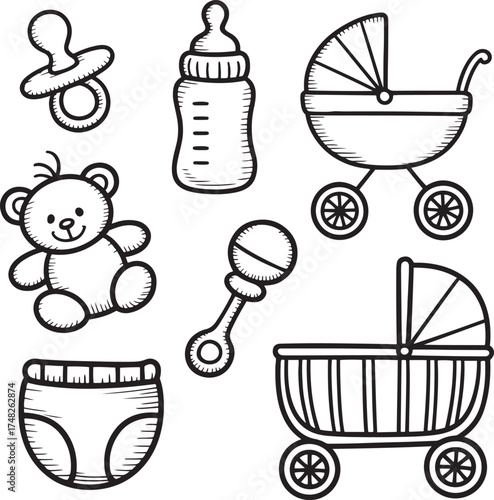Baby essentials doodle set with pacifier, bottle, teddy bear, diaper, and prams vector illustration