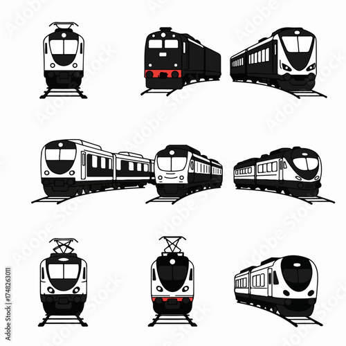 Collection of diverse train illustrations in black, white, and red, featuring various locomotives and passenger trains for transportation and travel concepts.