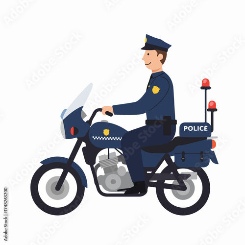Smiling male police officer in uniform riding a police motorcycle with lights and sirens, vector illustration on white background, law enforcement, public safety.