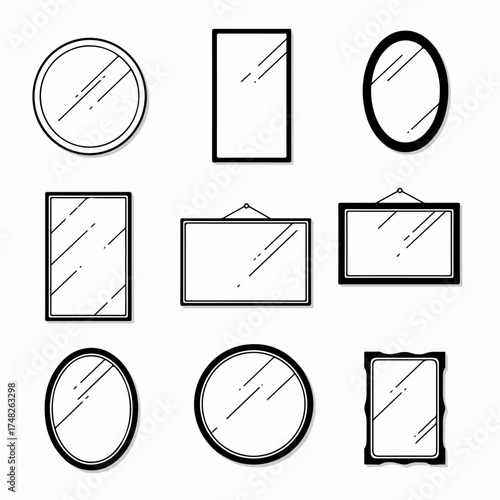 Collection of Outline Mirrors Icons: Various Shapes and Styles for Home Decor and Reflection Concepts, Vector Illustration Set.