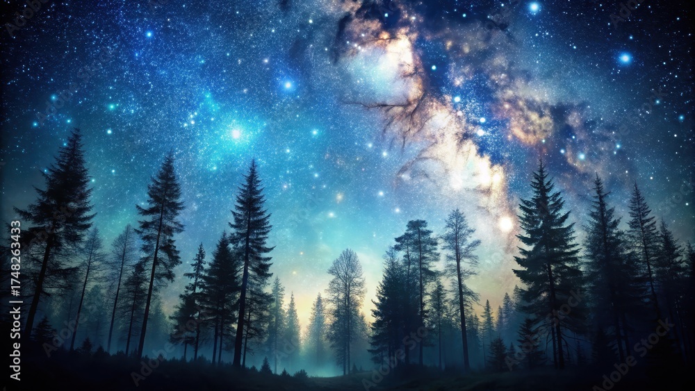 Naklejka premium Dark forest under starry night sky with silhouetted trees and twinkling stars