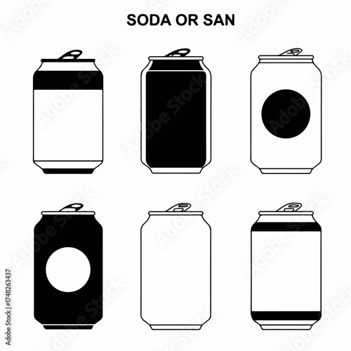 Minimalist black and white soda can illustrations, showcasing various designs for beverage branding, packaging, and refreshment concepts.