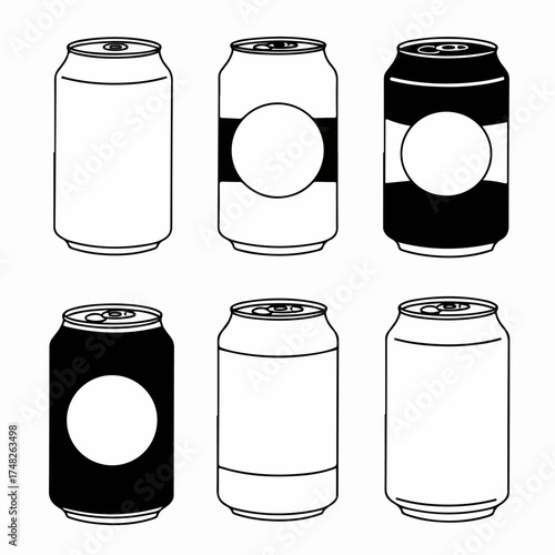 Collection of various beverage can outline icons with different label designs in black and white, suitable for graphic design and packaging concepts.