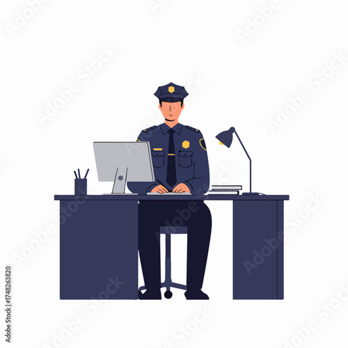 Male police officer in uniform working at a desk with a computer, performing administrative duties in a police station office. Flat vector illustration.