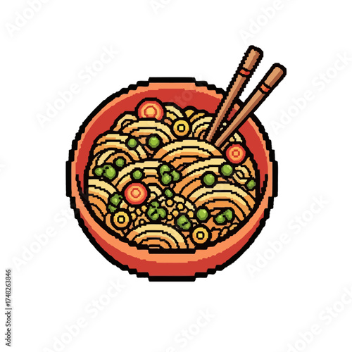 Pixel Art Bowl of Noodles with Chopsticks and Vegetables.