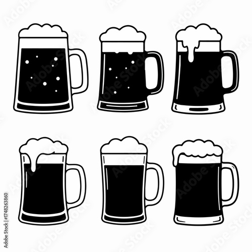 Collection of stylized black and white beer mugs with frothy foam, perfect for beverage icons, pub menus, or celebration designs.