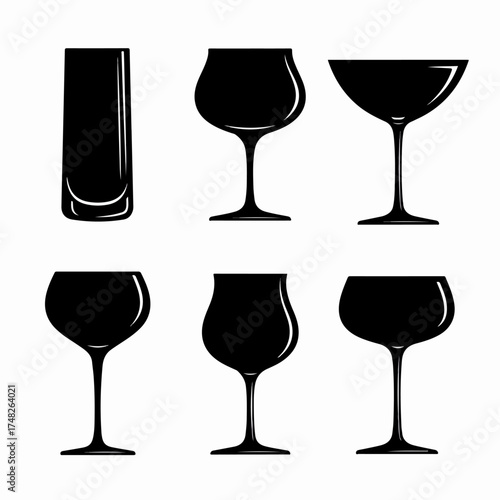 Elegant collection of diverse drinking glass silhouettes, featuring various wine, cocktail, and highball designs, perfect for bars, restaurants, and beverage-related projects.