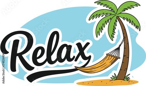 Tropical Vector Graphic 'Relax' with Palm Tree and Beach Scene: Leisure, Vacation, and Stress Relief Concept Illustration