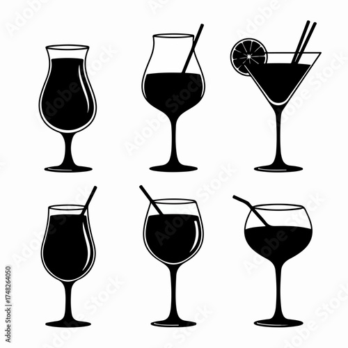 Collection of Black Silhouette Cocktail Glasses and Drink Icons