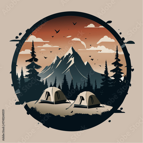Stylized Illustration of a Mountain Camping Adventure.
