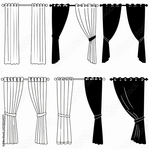 Various black and white curtain styles, including tied-back and straight designs, illustrating different window treatments for home decor.