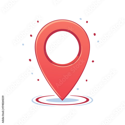 Illustration of a red map pin marker on a white background with small decorative dots