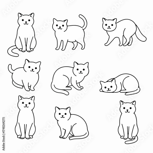Minimalist black and white cat outlines set. Cute cartoon feline illustrations in various poses, perfect for pet-themed designs and children's activities.