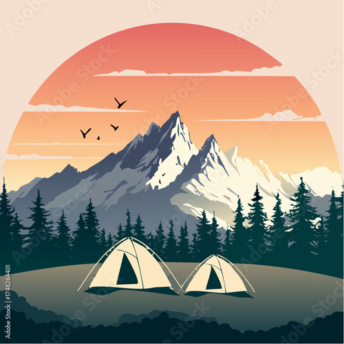Winter Mountain Camping Scene with Tents and Snow.