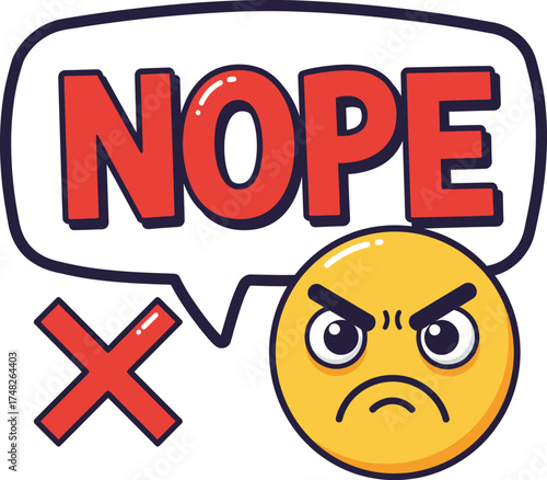 Angry Emoji and Comic Vector Text 'NOPE': Negative Response, Rejection, and Humorous Disagreement Graphic