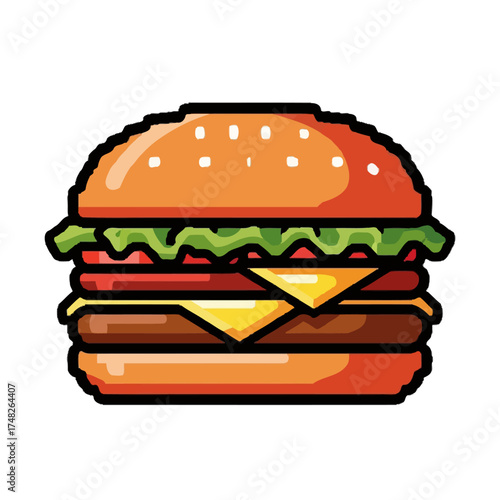 Pixel Art Burger Icon with Double Patty and Cheese.