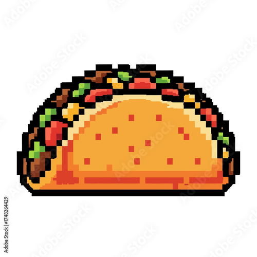Pixel art taco with meat lettuce and tomato filling.