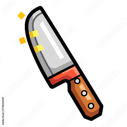 Cartoon style kitchen knife with wooden handle and shiny blade.